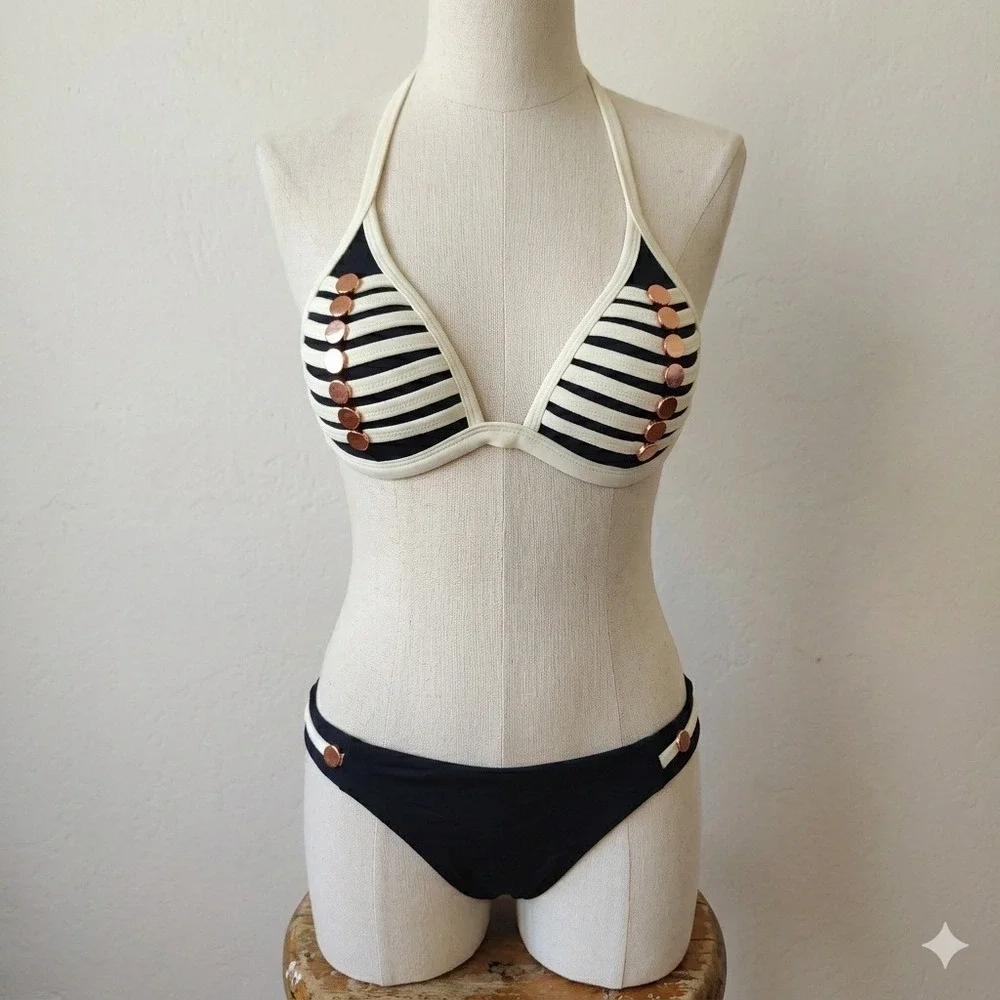 Norma Womens Bikini Set Large Black White Striped Rose Gold Hardware‎ Nautical